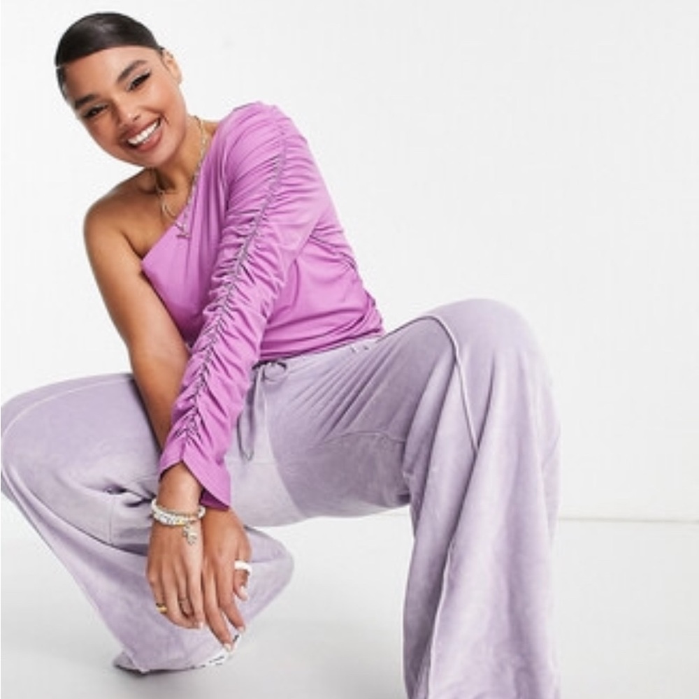 ASOS Design Curve Womens Plus Size Purple One-Shoulder Ruched Sleeve Top, 22